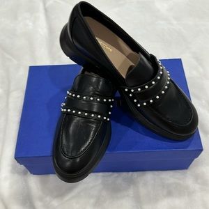 Stuart Weitzman Elegant Black Loafers with Pearl Detailing